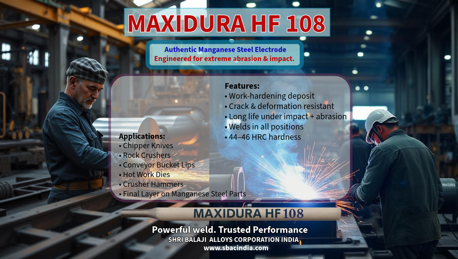 Welding manganese steel with MAXIDURA HF-108 Work-hardening electrode for rock crushers Hardfacing shear blade using HF-108 Final layer welding on Mn parts MAXIDURA HF-108 repairing crusher hammer