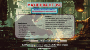 Hardfacing electrode for steel components in rolling mills MAXIDURA HF-350 welding electrode applied on steel gear shafts Worn shear blade rebuilt using steel hardfacing electrode Rutile-coated hardfacing electrode for plant maintenance welding High-recovery hardfacing electrode for steel girth gears Industrial wear-resistant electrode for steel plant repair work Welding electrode with 35 HRC hardness for steel machinery parts