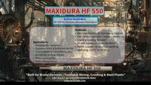 Hardfacing electrode for extreme abrasion on bulldozer blade MAXIDURA HF-550 used on mining and crushing equipment Abrasion-resistant welding electrode for steel plant repairs Non-machinable hardfacing electrode with 56 HRC hardness Welding electrode for excavator teeth and dis-integrator hammers Industrial electrode for wear protection in mining and sugar mills MAXIDURA HF-550 hardfacing weld bead on heavy-duty steel component