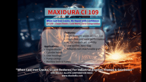 MAXIDURA CI 109 electrode repairing cracked cast iron gear housing Cast iron welding with CI 109 – smooth arc, crack-free finish Industrial cast iron repair using MAXIDURA CI 109 welding electrode Cold welding of cast iron pump casing with CI 109 Welding cast iron engine block using MAXIDURA CI 109 non-machinable electrode