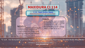 CI 114 Nickel Electrode in use for cold welding cast iron pump casing Industrial cast iron repair using CI 114 with AC/DC arc stability Crack-free weld on engine block using MAXIDURA CI 114 electrode CI-to-MS welding performed with CI 114 Nickel Electrode