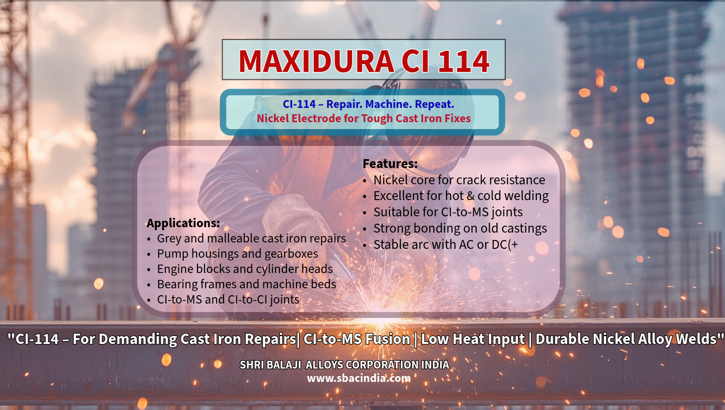 CI 114 Nickel Electrode in use for cold welding cast iron pump casing Industrial cast iron repair using CI 114 with AC/DC arc stability Crack-free weld on engine block using MAXIDURA CI 114 electrode CI-to-MS welding performed with CI 114 Nickel Electrode