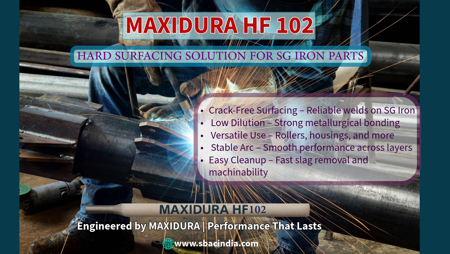 Hardfacing SG Iron guide roller using MAXIDURA 102 in rolling mill workshop” “Industrial welding on SG Iron coupling with MAXIDURA – HF – 102 electrode” “Close-up of weld bead on SG Iron housing with stable arc using MAXIDURA 102” “Technician welding structural SG Iron part in steel plant using MAXIDURA electrode” “MAXIDURA 102 electrode surfacing a worn-out SG Iron component in a hot rolling mill”