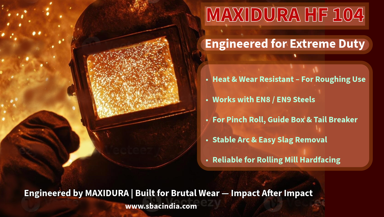 MAXIDURA HF-104 welding electrode for wear-resistant surfacing on EN8/EN9 steel components Hardfacing electrode for pinch roll, guide box, and tail breaker surfacing MAXIDURA HF-104 – built for extreme wear in roughing roll applications Wear-resistant welding solution for rolling mill components by MAXIDURA Industrial hardfacing electrode with stable arc and machinable finish