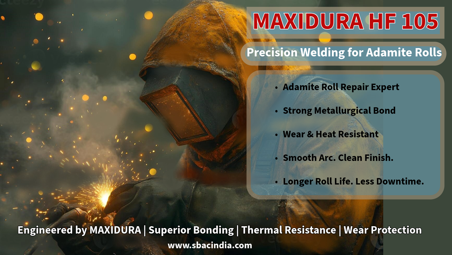MAXIDURA HF-105 Welding Electrode for Adamite Roll Repair High-Performance Electrode for Thermal and Wear Resistance MAXIDURA HF-105 – Engineered Electrode for Heavy Roll Maintenance Hardfacing Electrode Used for Repairing Adamite Rolls in Steel Mills MAXIDURA HF-105 Electrode Showing Smooth Weld Finish on Roll Surface