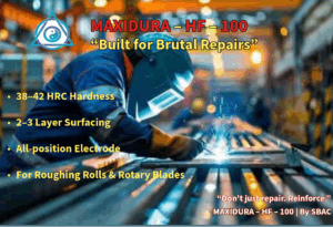 Hardfacing weld on EN8 steel using MAXIDURA HF-100 MAXIDURA HF-100 hardfacing electrode applied on EN9 rolling component High-impact hardfacing electrode for EN8/EN9 components
