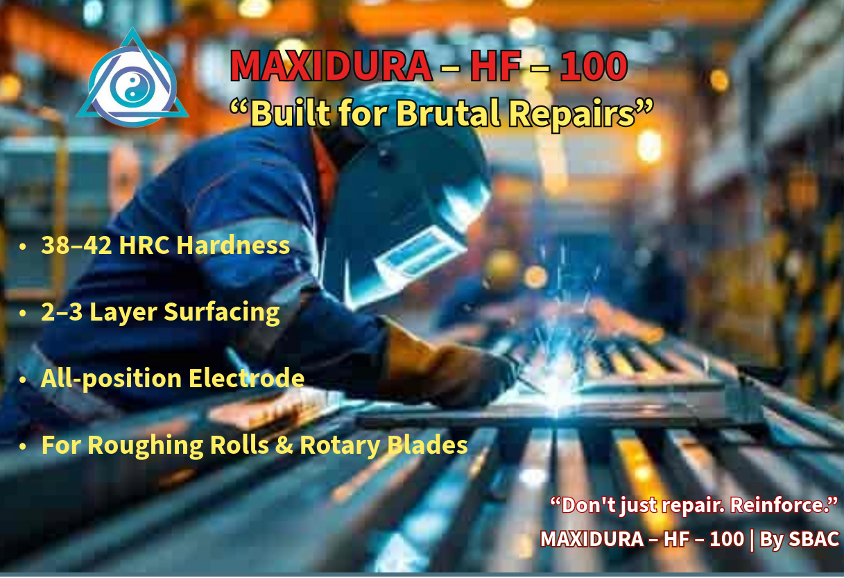 Hardfacing weld on EN8 steel using MAXIDURA HF-100 MAXIDURA HF-100 hardfacing electrode applied on EN9 rolling component High-impact hardfacing electrode for EN8/EN9 components