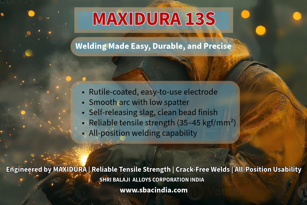 MAXIDURA 13S Mild Steel Electrode – Smooth arc, easy slag removal, and clean weld bead finish MAXIDURA 13S Welding Electrode for structural steel, tanks, boilers, and fabrication projects MAXIDURA 13S – Rutile-coated mild steel electrode ensuring reliable tensile strength and durability Industrial welding with MAXIDURA 13S – Crack-free welds for fabrication and repair applications MAXIDURA 13S Electrode – Trusted solution for mild steel welding in fabrication and structural work