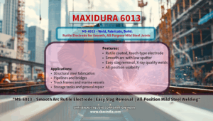 "MS-6013 welding electrode for mild steel fabrication" "MAXIDURA MS-6013 welding rods for structural welding" "MS-6013 electrode used in pipelines, tanks and bridges" "MS-6013 welding rod with smooth arc and clean welds" "MAXIDURA MS-6013 mild steel electrode for repair work" "MS-6013 rutile welding electrode for all-position welding" "MS-6013 welding rods with easy slag removal and low spatter"