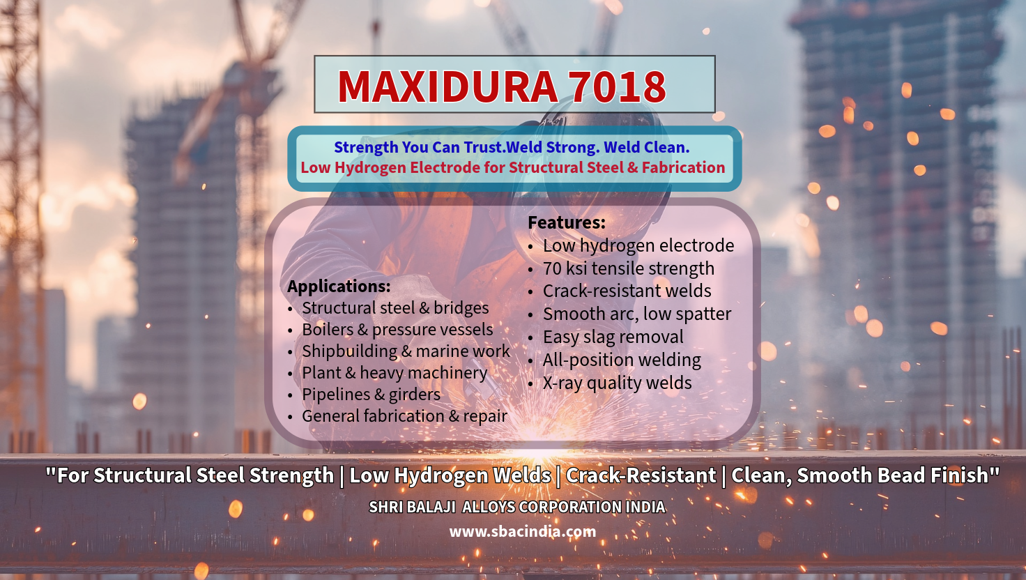 MAXIDURA 7018 low hydrogen welding electrode for structural steel fabrication MAXIDURA 7018 electrode producing crack-resistant welds in heavy fabrication MAXIDURA 7018 welding electrode used in shipbuilding and pressure vessels Smooth weld bead with MAXIDURA 7018 low hydrogen electrode MAXIDURA 7018 electrodes for pipelines, boilers, and plant structures