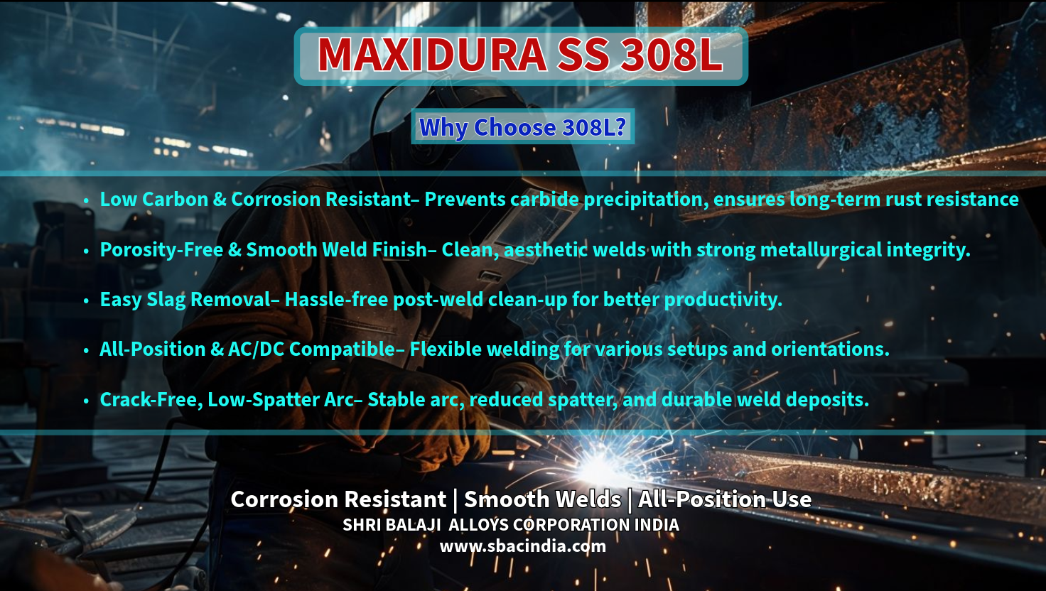 Low carbon welding electrode preventing carbide precipitation Welding electrode with excellent corrosion resistance Porosity-free smooth weld finish image Electrode showing easy slag removal process All-position compatible welding electrode depiction Stable arc with minimal spatter during welding