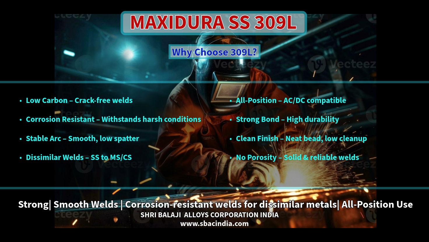 Welding stainless steel to carbon steel using 309L electrode Clean weld bead finish with low carbon stainless steel electrode Industrial welder using 309L SS electrode for dissimilar joints Close-up of smooth arc welding with 309L rod Corrosion-resistant weld made using stainless steel 309L electrode Multi-position welding demo with 309L stainless steel electrode