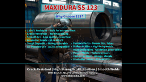 Welding furnace parts using MAXIDURA 123 stainless steel electrode Close-up of a clean weld bead with 123 electrode at high temp Industrial welder repairing boiler tube using SS-310 equivalent rod Smooth arc and low spatter weld with MAXIDURA 123 MAXIDURA 123 electrode being used in overhead position