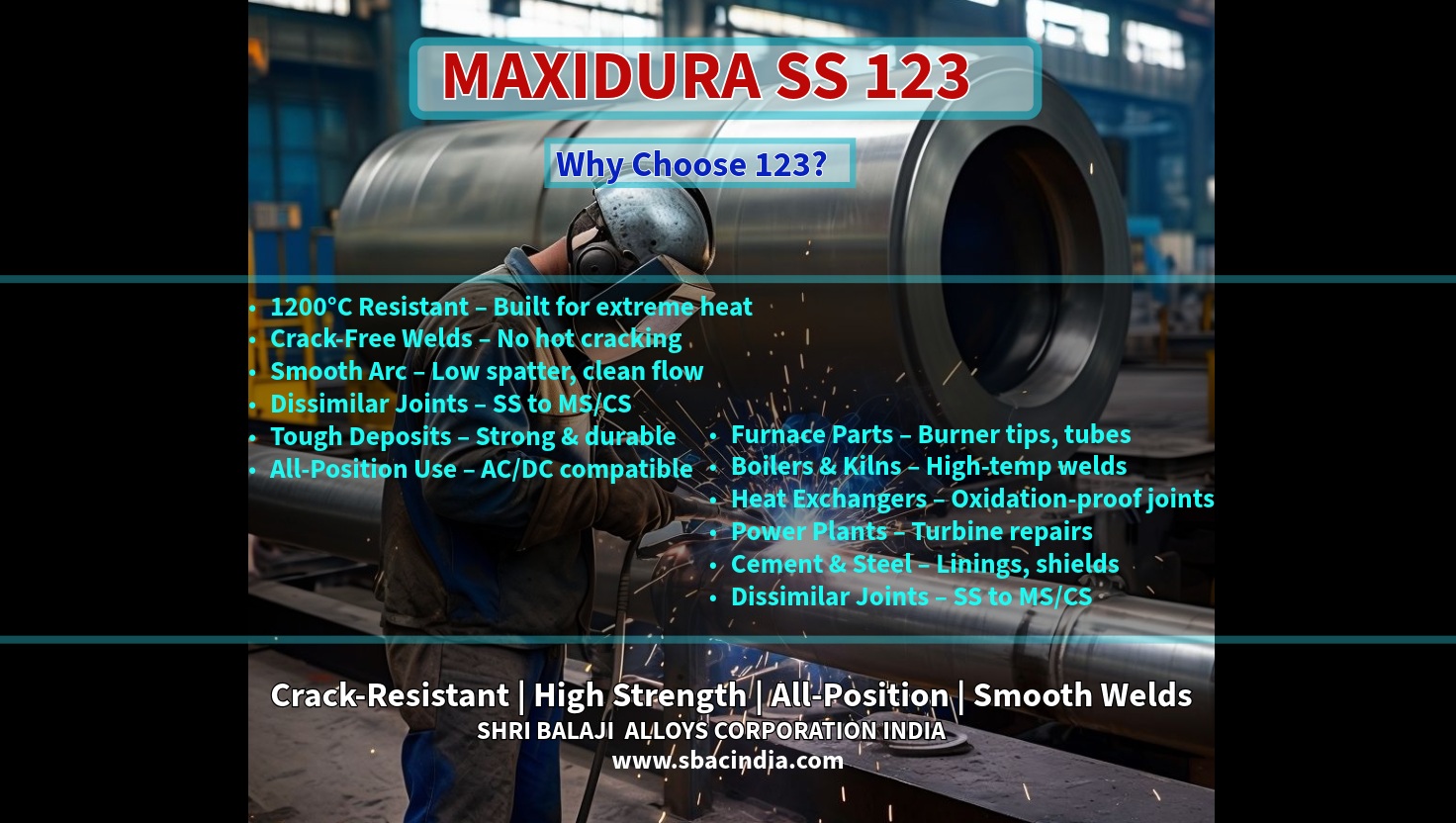 Welding furnace parts using MAXIDURA 123 stainless steel electrode Close-up of a clean weld bead with 123 electrode at high temp Industrial welder repairing boiler tube using SS-310 equivalent rod Smooth arc and low spatter weld with MAXIDURA 123 MAXIDURA 123 electrode being used in overhead position