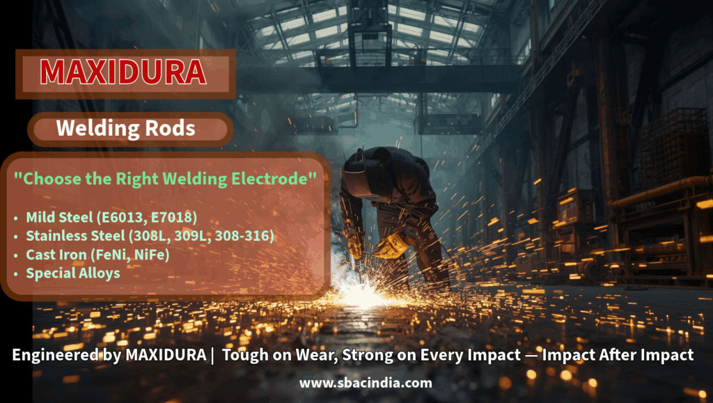 “MAXIDURA Welding Electrode for industrial fabrication” “Close-up of SMAW arc welding using MAXIDURA electrode” “Electrode storage oven for MAXIDURA Welding Electrode” “Welding in construction with MAXIDURA Welding Electrode”